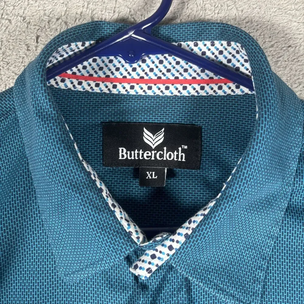 Buttercloth Shirt Long Sleeve Men's Size XL Blue Brick‎ Pattern Geometric Preppy